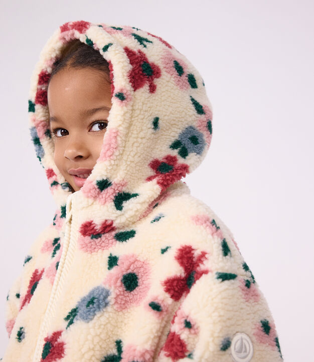 Giacca con cappuccio in sherpa a fiori bambina ecru/multicolore