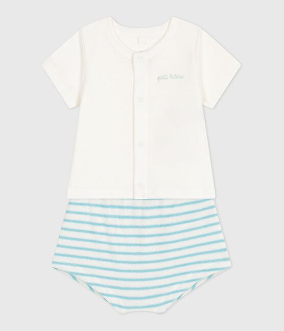 Completo nascita due pezzi in cotone con parte inferiore a righe blu MARSHMALLOW/ AQUATIC