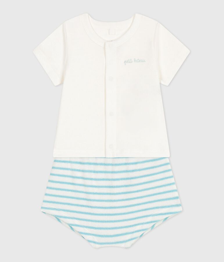 Completo nascita due pezzi in cotone con parte inferiore a righe blu MARSHMALLOW/ AQUATIC