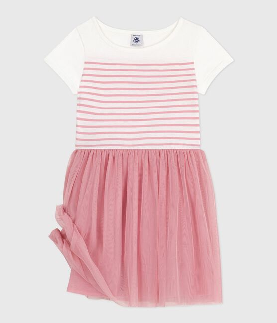Abito a maniche corte in cotone e tulle bambina bianco MARSHMALLOW/rosa CHARME