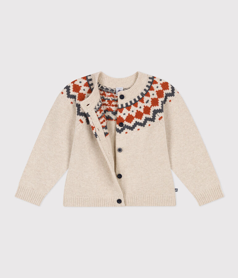 Cardigan jacquard lana e cotone bambina beige/multicolore