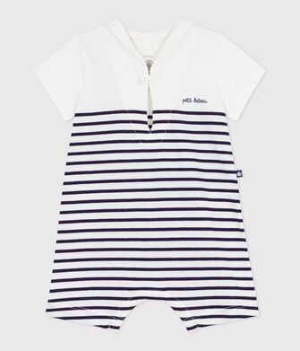 Tutina corta in cotone a righe con collo alla marinara neonato