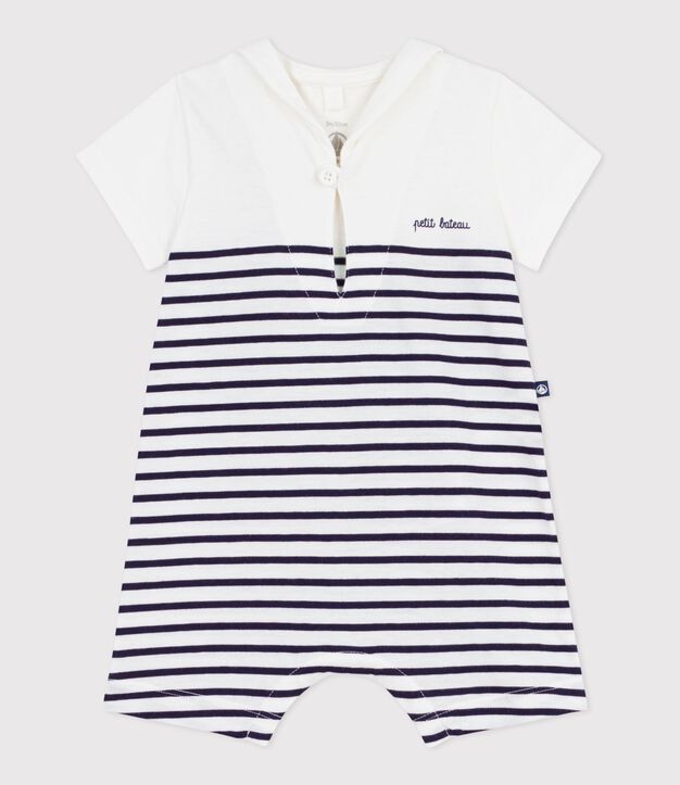 Tutina corta in cotone a righe con collo alla marinara neonato blu/blu