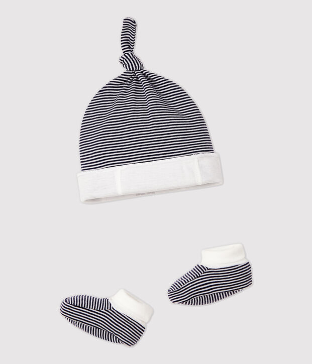 Confezione cappellino nascita e babbucce a righe neonato in cotone biologico multicolore