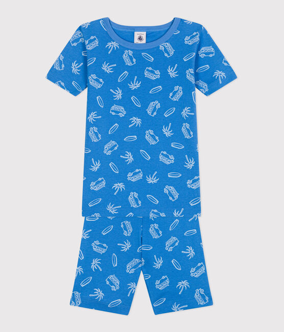 Pigiama corto e molto aderente bambino in cotone con furgoni stampati blu BRASIER/grigio MARSHMALLOW