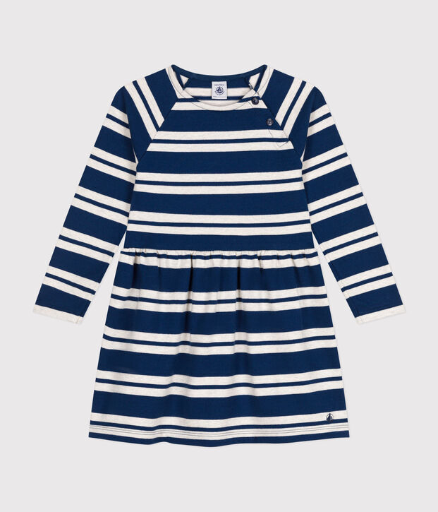 Abito a maniche lunghe in cotone spesso bambina blu/beige