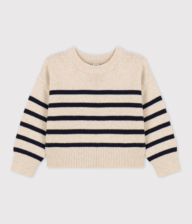 Pullover a righe in lana e cotone bambino unisex ecru/blu