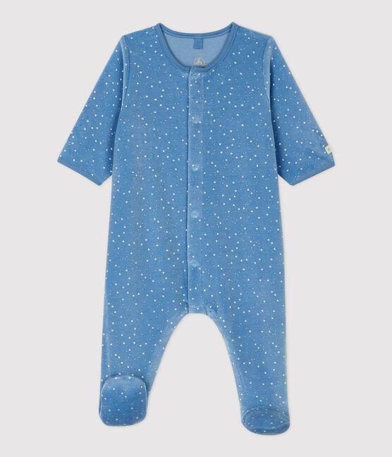 Tutina pigiama con colletto a stelline bebè in ciniglia di cotone biologico blu ALASKA/bianco MARSHMALLOW