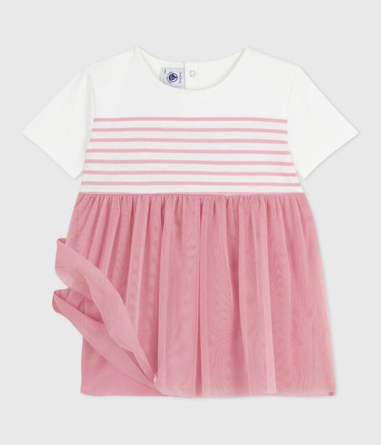Abito a maniche corte in cotone e tulle con corpetto a righe neonata bianco MARSHMALLOW/rosa CHARME