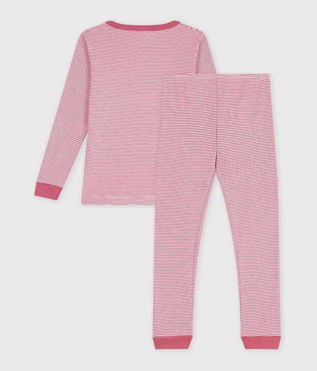 Pigiama molto aderente bambina in cotone a righe rosa/bianco