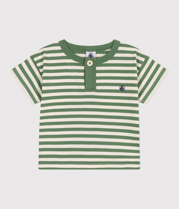 T-shirt a maniche corte in cotone a righe neonato verde/ecru