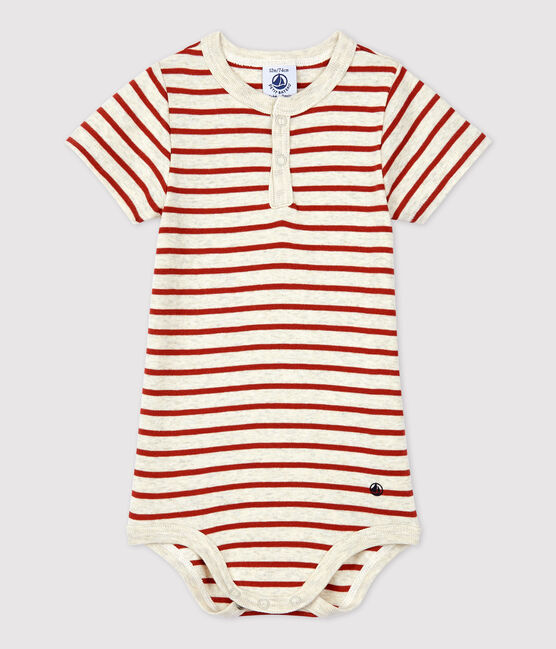 Body bebè con scollo serafino in cotone biologico a righe beige MONTELIMAR/ OMBRIE