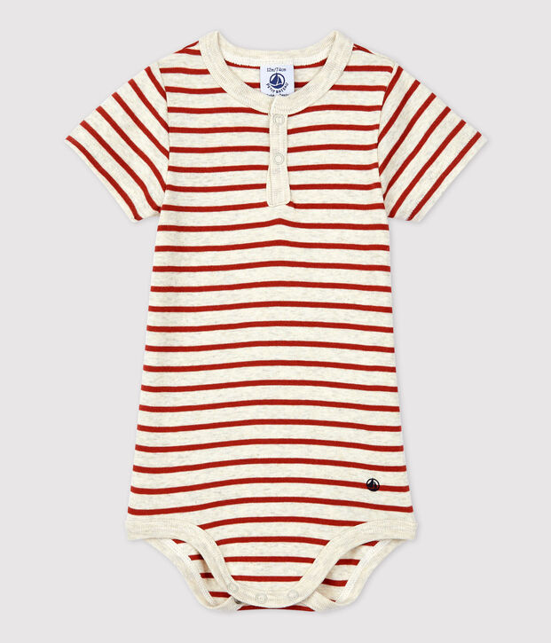 Body beb&egrave; con scollo serafino in cotone biologico a righe beige/marrone