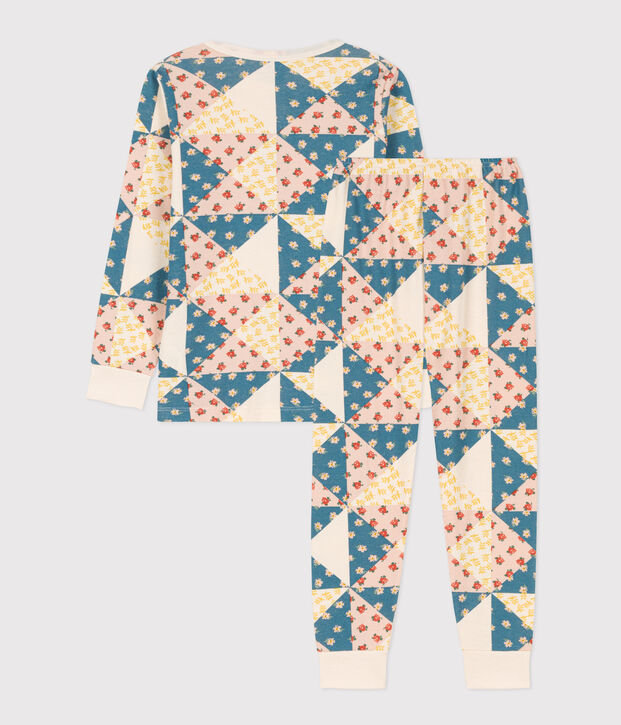 Pigiama patchwork bambina in cotone ecru/multicolore