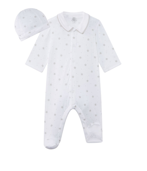 Tutina beb&eacute; unisex e cappellino nascita bianco/marrone