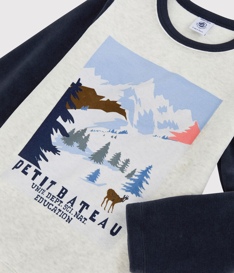 Pigiama bambino motivo montagna in ciniglia beige MONTELIMAR/bianco MULTICO