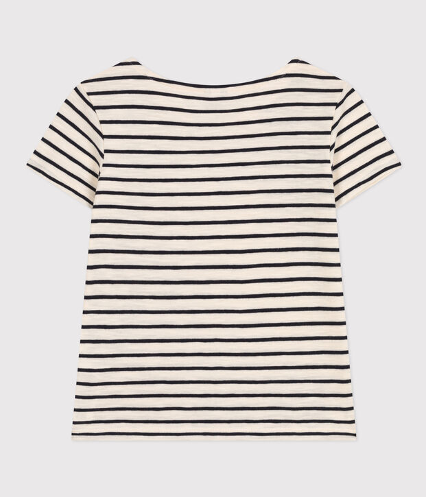 T-shirt a righe in jersey fiammato bambina ecru/blu