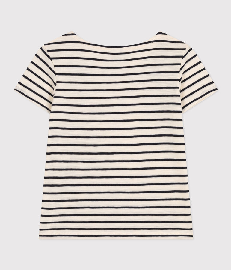 T-shirt a righe in jersey fiammato bambina ecru/blu