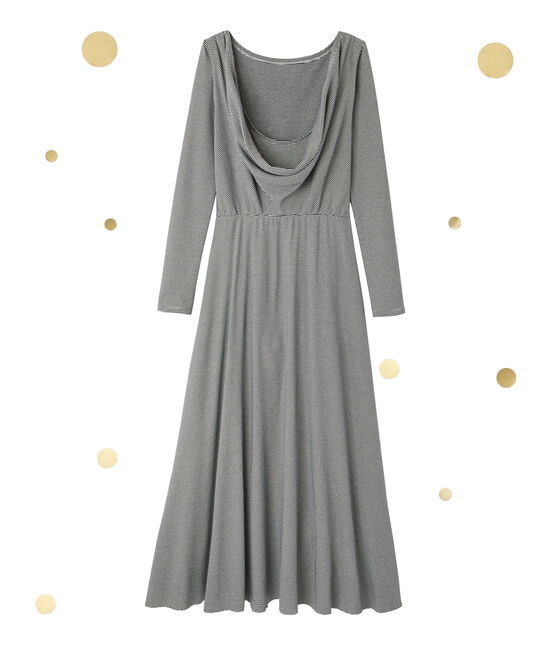 Robe longue femme à manches longues. Petit bateau x Marie-Agnès Gillot blu SMOKING/beige COQUILLE