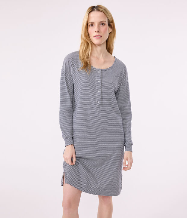 Camicia da notte in cotone a righe donna blu/bianco