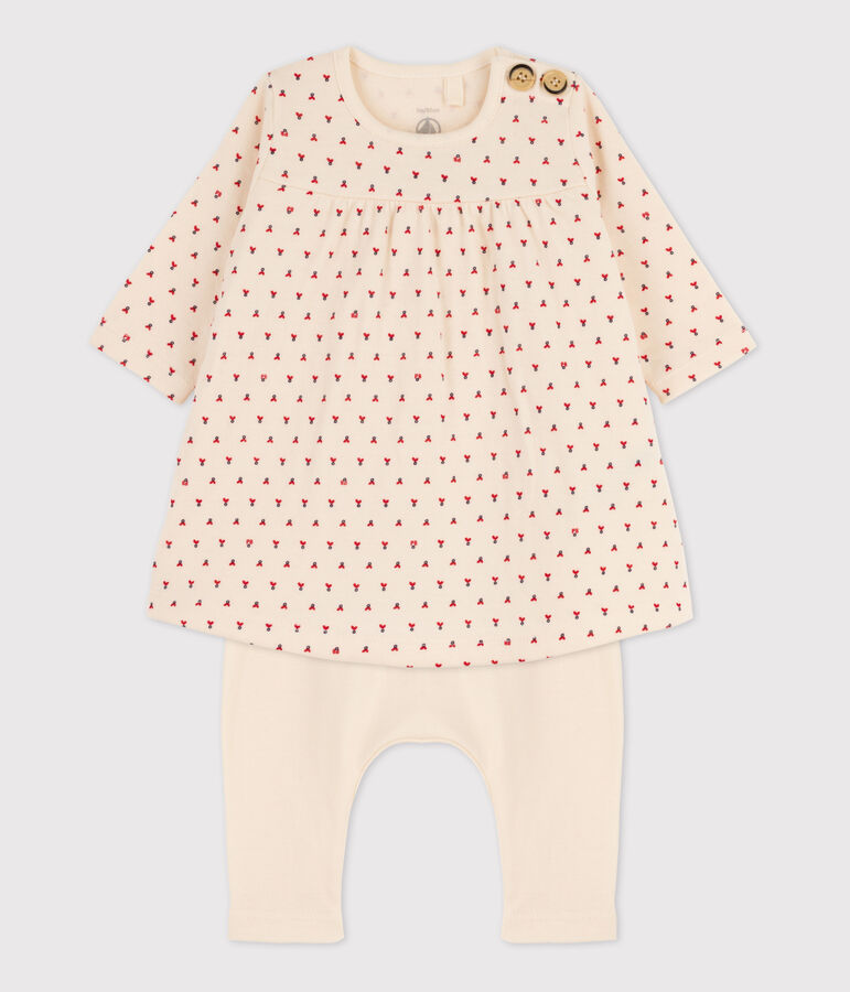 Abito e leggins beb&egrave; in tubique di cotone stampato ecru/multicolore