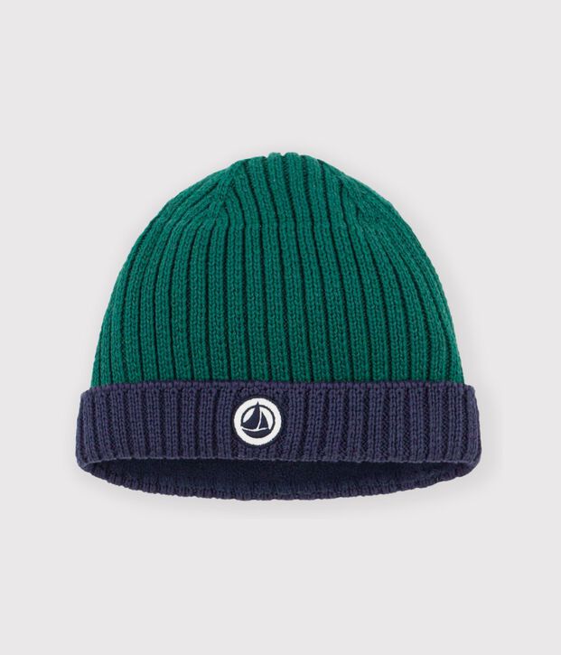 Cuffietta in maglia bicolore foderata in pile neonato verde/blu