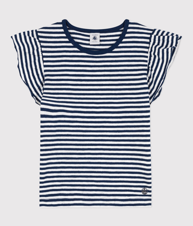 T-shirt bambina in cotone a righe blu/bianco