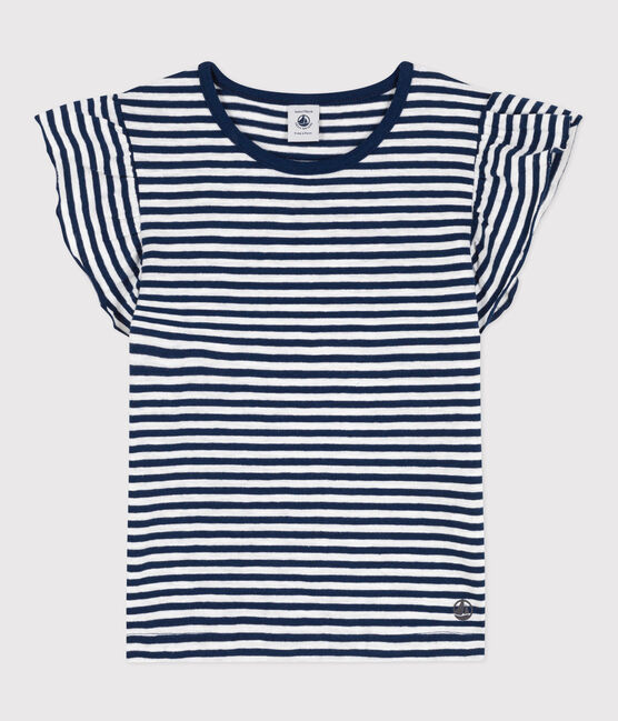 T-shirt bambina in cotone a righe blu MEDIEVAL/bianco MARSHMALLOW