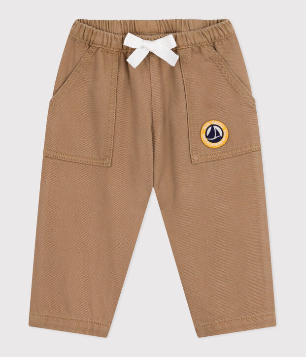 Pantaloni stile cargo in cotone tinta unita con stemma neonato beige