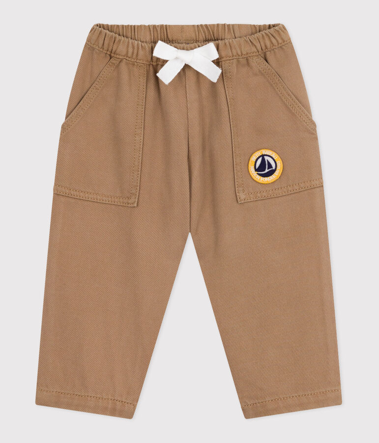 Pantaloni stile cargo in cotone tinta unita con stemma neonato beige