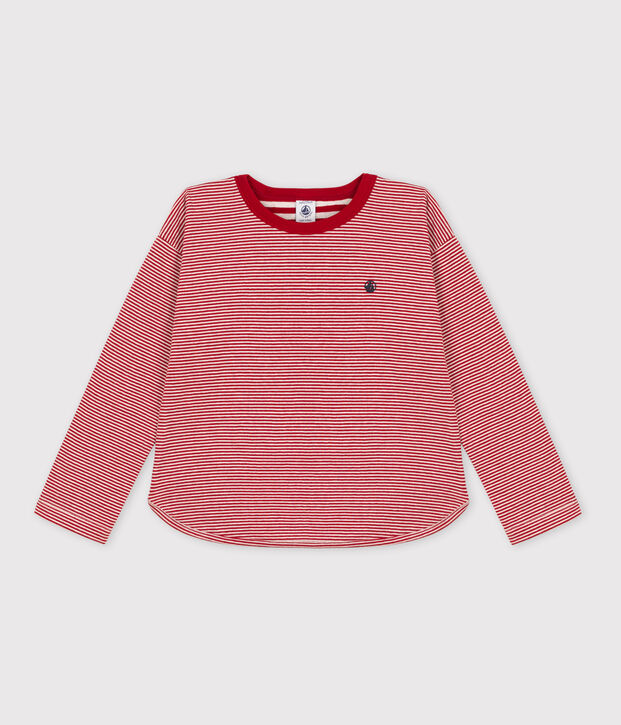 T-shirt bambino a maniche lunghe in tubique rosso/beige