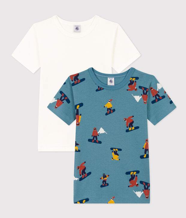 Confezione da 2 t-shirt manica corta bambino in cotone motivo snowboard multicolore