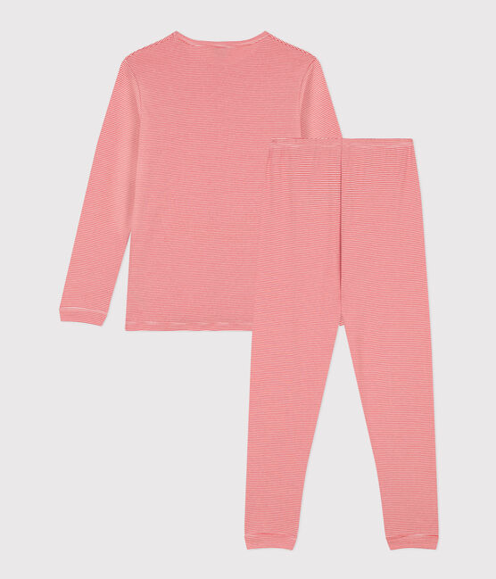 Pigiama a righe ragazzo in cotone arancione OURSIN/bianco MARSHMALLOW