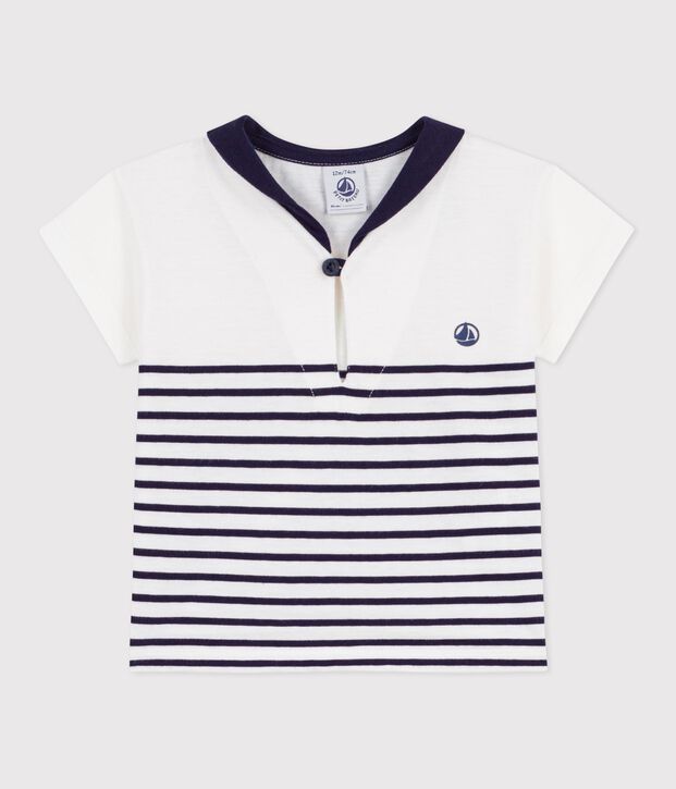 T-shirt a maniche corte in cotone a righe marini&egrave;re neonato blu/blu