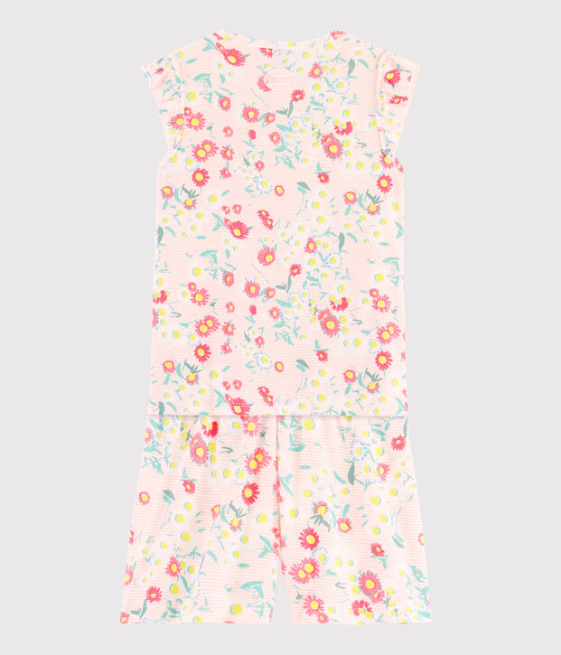 Pigiama corto a fiori bambina a costine bianco/multicolore