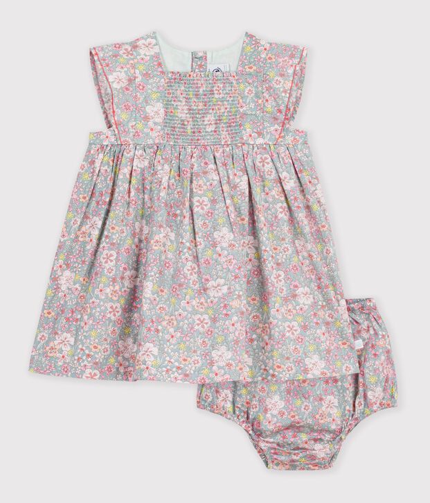 Abito neonata a maniche corte in cotone e bloomer abbinato con stampa a fiori blu/multicolore
