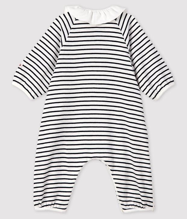 Tutina lunga a righe da neonata a costine bianco/blu