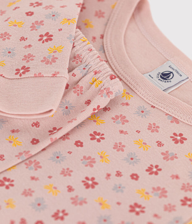 Pigiama bambino aderente in cotone con stampa a fiori rosa/bianco