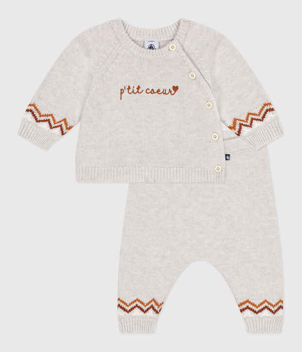 Completo 2 pezzi in maglia con stampa P'tit C&oelig;ur neonato beige/multicolore
