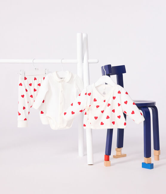 Completo 2 pezzi incrociato in cotone con stampa a cuori neonato bianco MARSHMALLOW/rosso TERKUIT