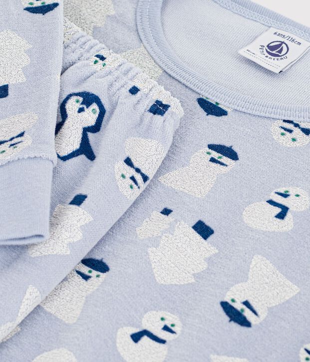 Pigiama in ciniglia con pupazzo di neve stampato bambino blu/multicolore