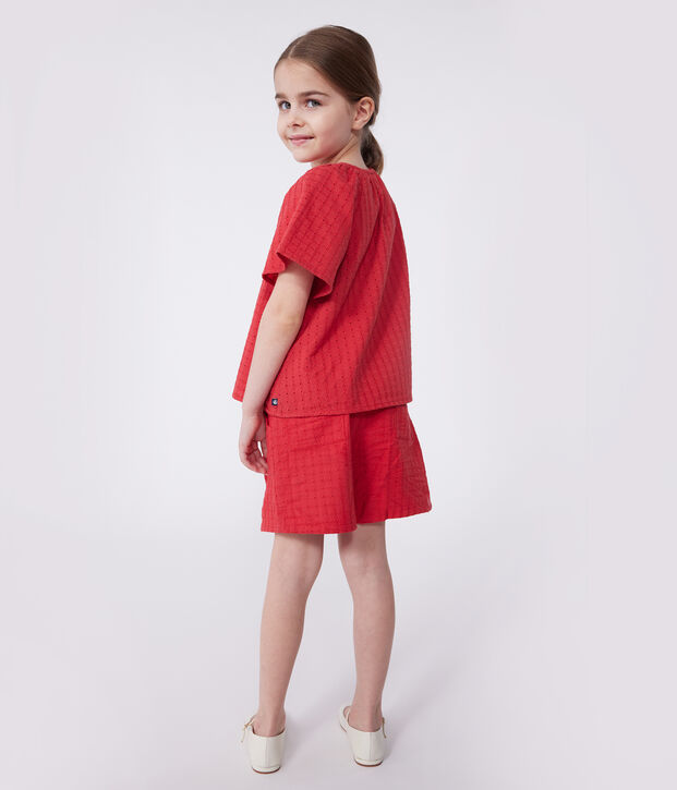 Blusa a maniche corte in cotone con motivo a fiori bambina rosso