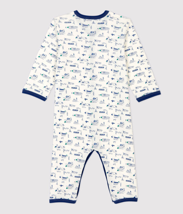 Tutina pigiama senza piedi a costine fantasia trasporti beb&egrave; in cotone bianco/multicolore