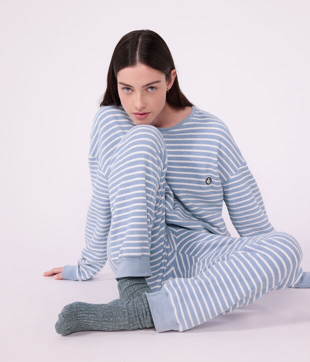 Pigiama in spugna di cotone a righe donna blu/ecru