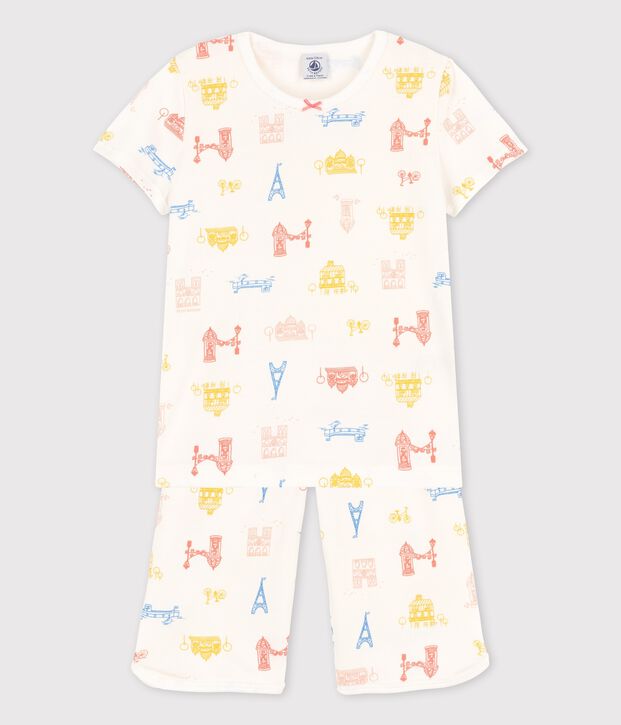 Pigiama corto stampa Parigi bambina in cotone bianco/multicolore