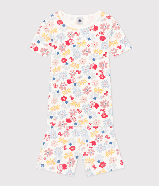 Pigiama bambino corto aderente in cotone con stampa a fiori bianco MARSHMALLOW/bianco MULTICO