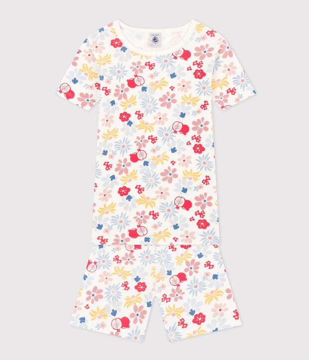 Pigiama bambino corto aderente in cotone con stampa a fiori bianco/multicolore