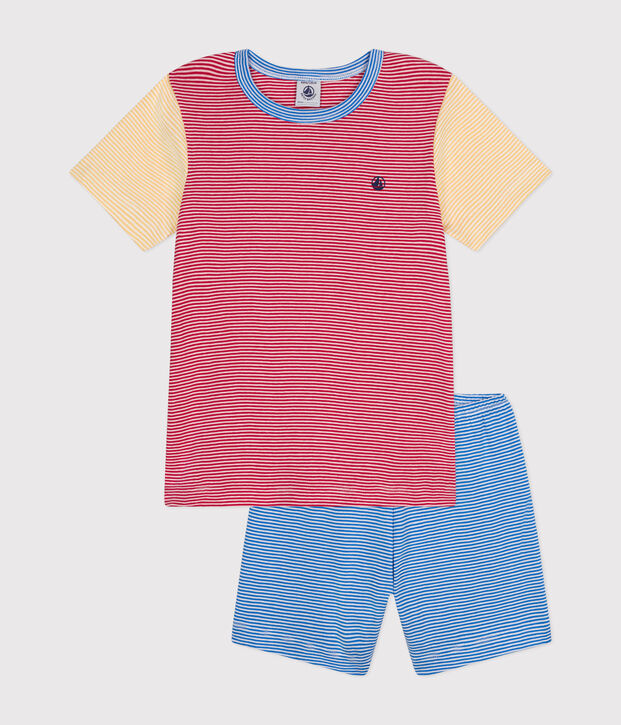 Pigiama short bambino in cotone rigato rosso/multicolore