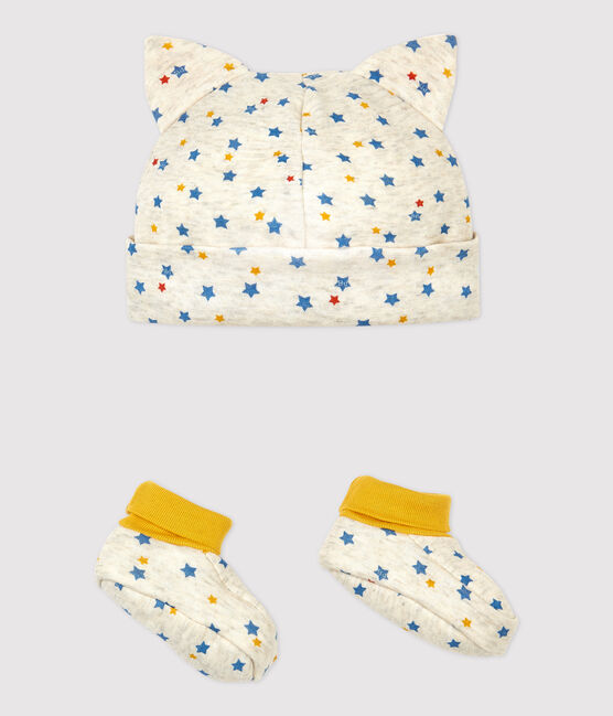 Confezione cappellino nascita e babbucce bebè maschio in lana e cotone biologico beige MONTELIMAR/bianco MULTICO
