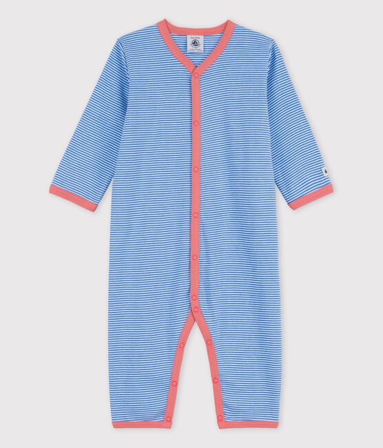 Tutina pigiama bebè a righe senza piedi in cotone biologico blu BRASIER/grigio MARSHMALLOW